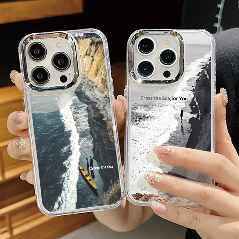 Luxury Coastline Sea Boat Case For iPhone 15 Pro Max Coque iPhone 14 16 Pro Max 11 12 13 Plating Lens Frame Clear Silicone Cover