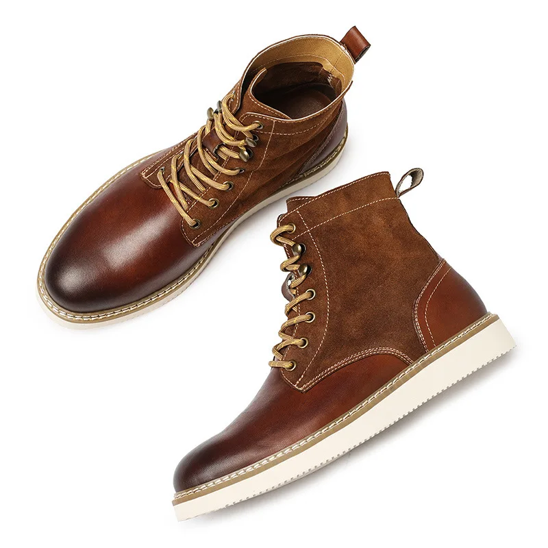 Size 38-45 New Fashion Round Toe Cow Genuine Leather Lace Up Men's Boots Vintage Fashin Male Footwear Leisure Man Shoes Boy A037