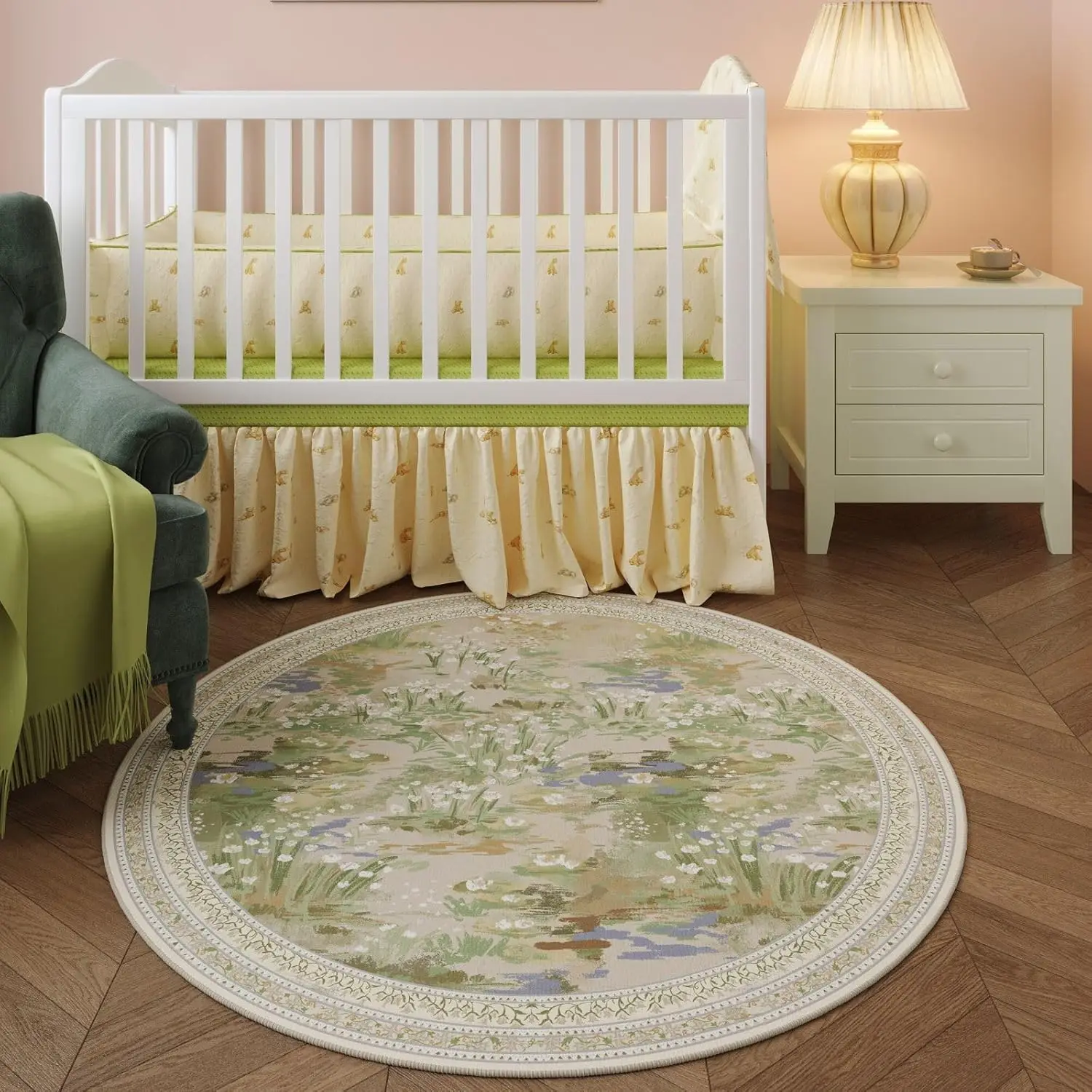 Pastel Pond Garden Round Rug Soft Greens Whites Floral Motifs for Calm Interior