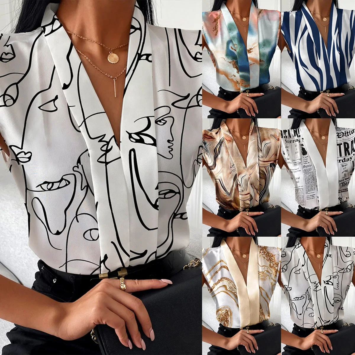 Print Blouses Women V Neck Sleeveless Shirts Spliced Loose Fit Blouses Casual Slight Strech 2025 Summer Patchwork Basics