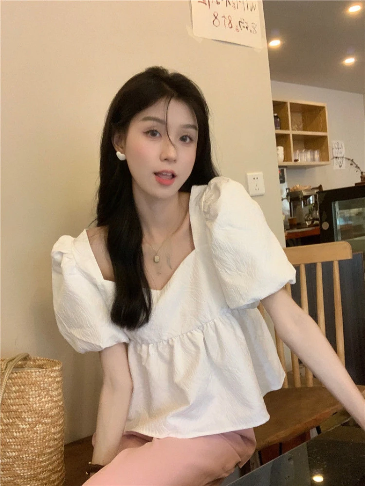 

Women Solid Shirt Sweet Chic Puff Sleeve Short Sleeve Female Blouse Kroean Summer New Square Collar Loose All-match Crop Tops