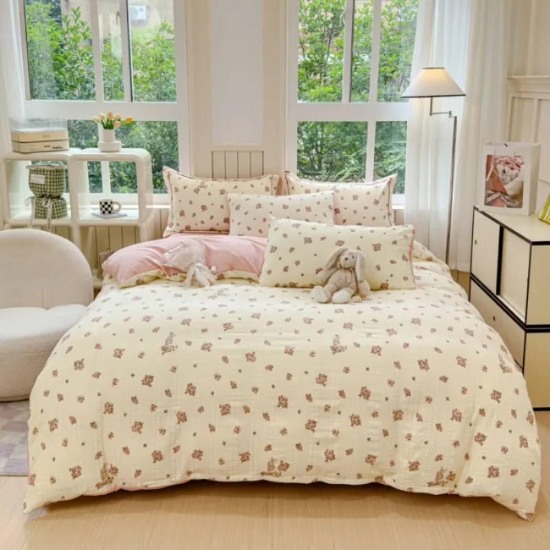 

2025 new class A super soft jacquard cloud yarn cotton four-piece set, bed sheet, bed hat, quilt cover, student dormitory bed