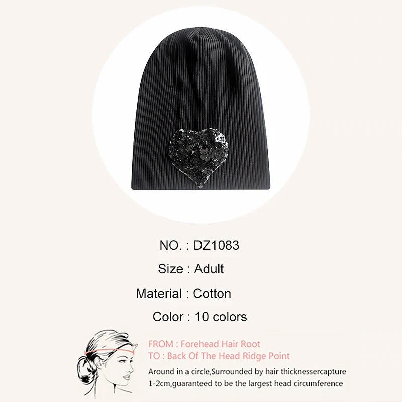 Geebro Fashion Women Oversized Flower Sequin Heart Ribbed Beanies Hat Caps New Elastic Slouch Cotton Stretch Baggy Bonnet Femme