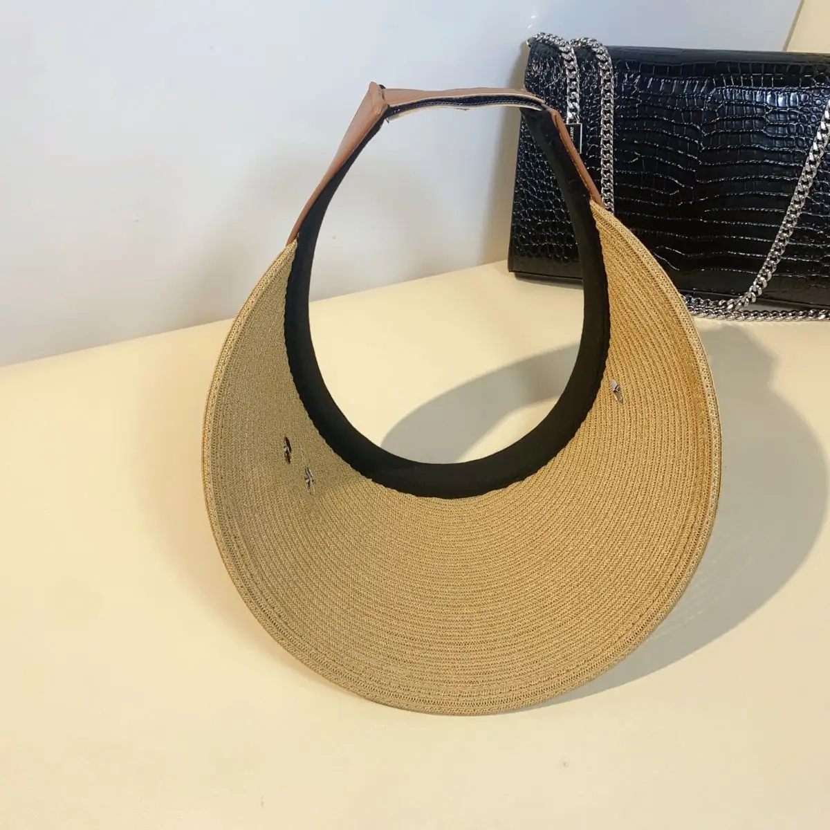 Summer Sun Hats For Women Fashion PU Leather Patchwork RB Empty Top Cap Elegant Ladys Visor UV Sun Protection Sunshade Straw Hat