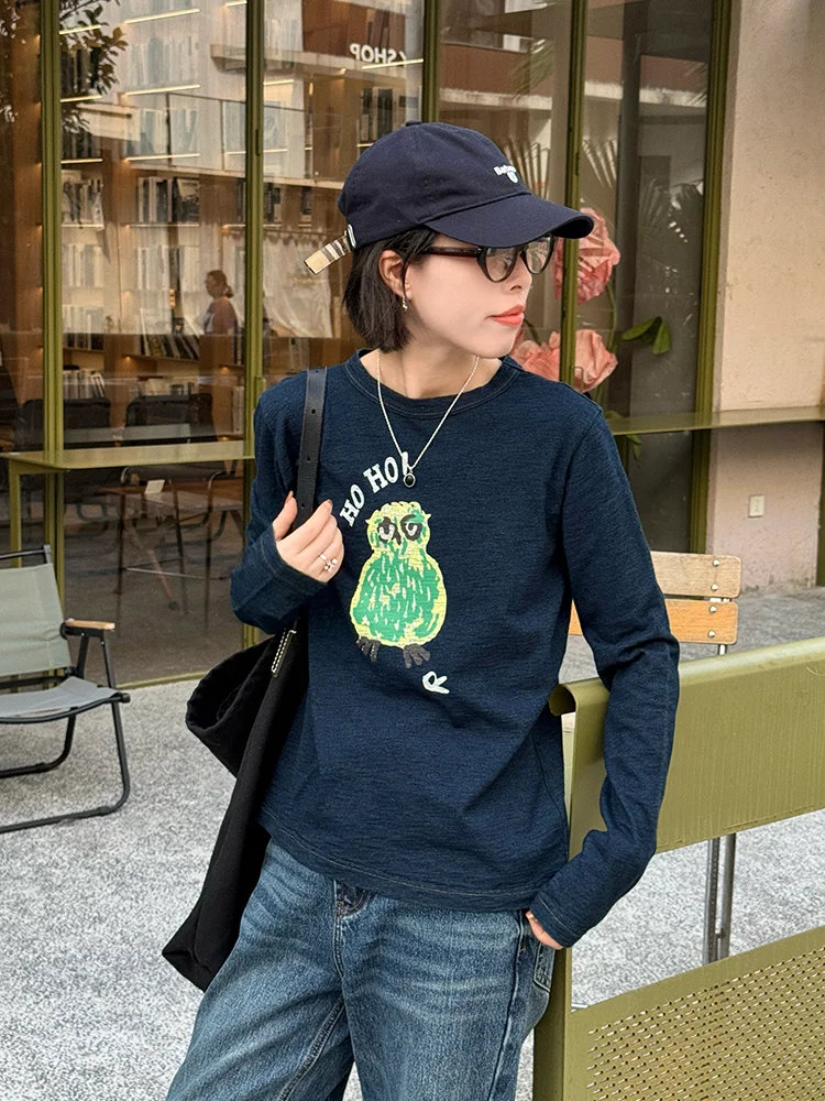 

Pure Cotton Long Sve round Ne T-irt Women's Inner Wear Base irt Print Design Spring Autumn Casual Sle Stand Fit