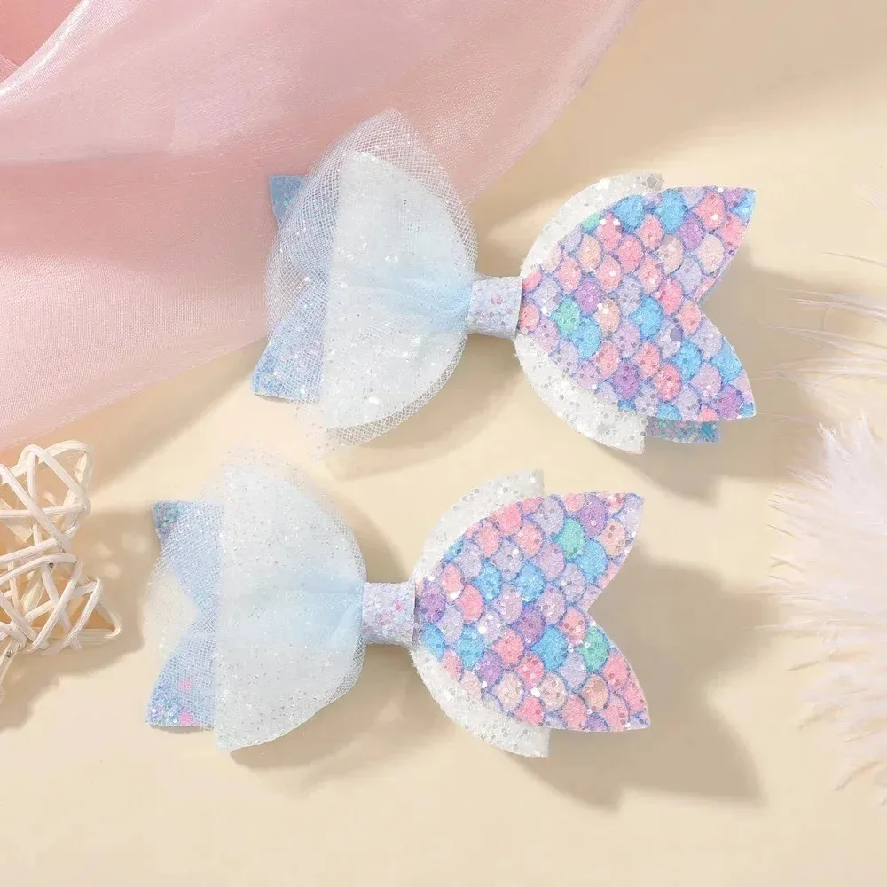 2Pcs/Set Mermaid Glitter Sequins Hair Clips for Girls Color Blocked Yarn Bows Hair Clip Headwear Hair Accessories