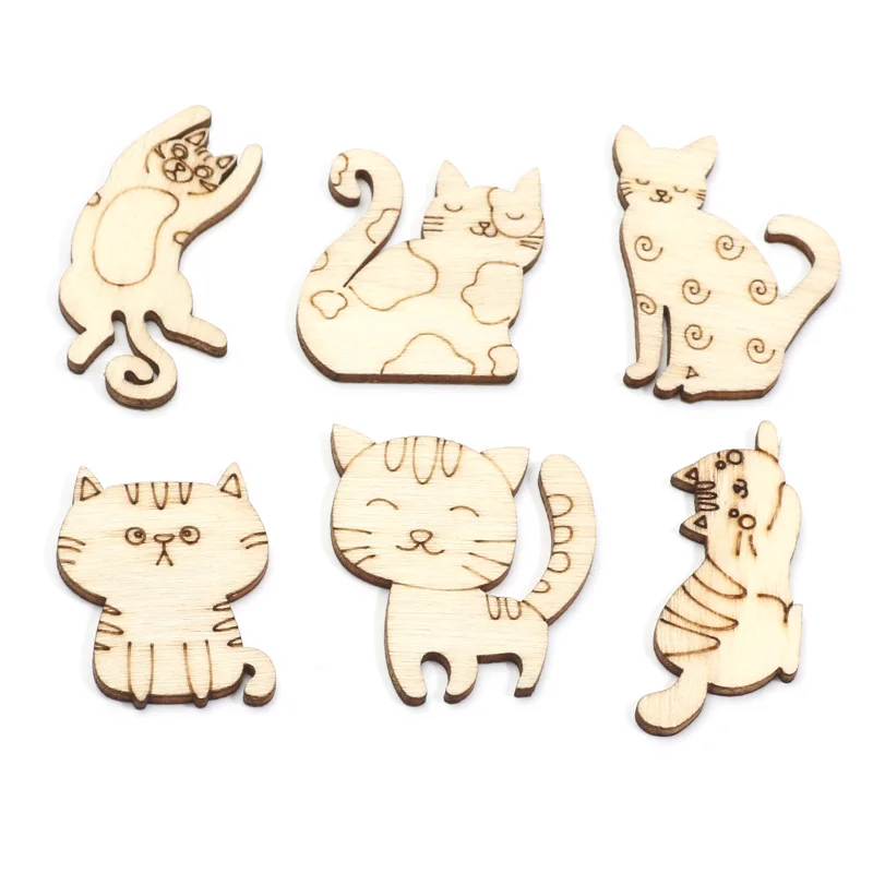 20pcs Mixed Cat Animal Wooden Ornaments Accessories Wedding Handmade Supplies Wood DIY Craft Scrapbooking Home Decor 16-41mm