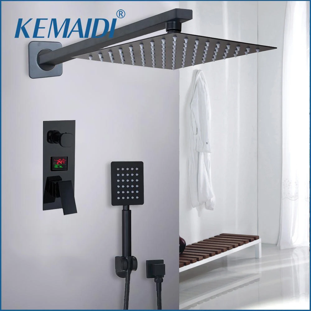 KEMAIDI Bathroom Shower Systerm 2-3 Functions Faucet Black Digital Display Shower Faucet Set Rainfall Shower Head w/bath Mixer