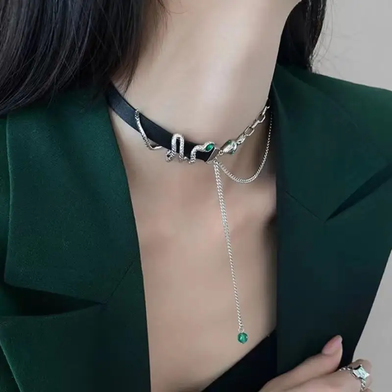 High Sense Chain Leather Stitching Snake Choker Grunge Necklace Bracelet Set for Women Trendy Punk Collier Hippie Jewelry