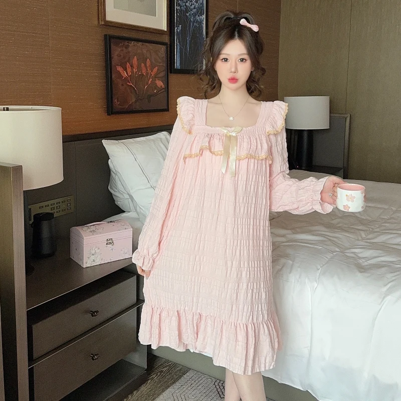 

2024 Autumn Long Sleeve Cotton Lingerie Nightgowns for Women Korean Cute Lace Girls Sleepwear Night Dress Nightdress Home Nighty