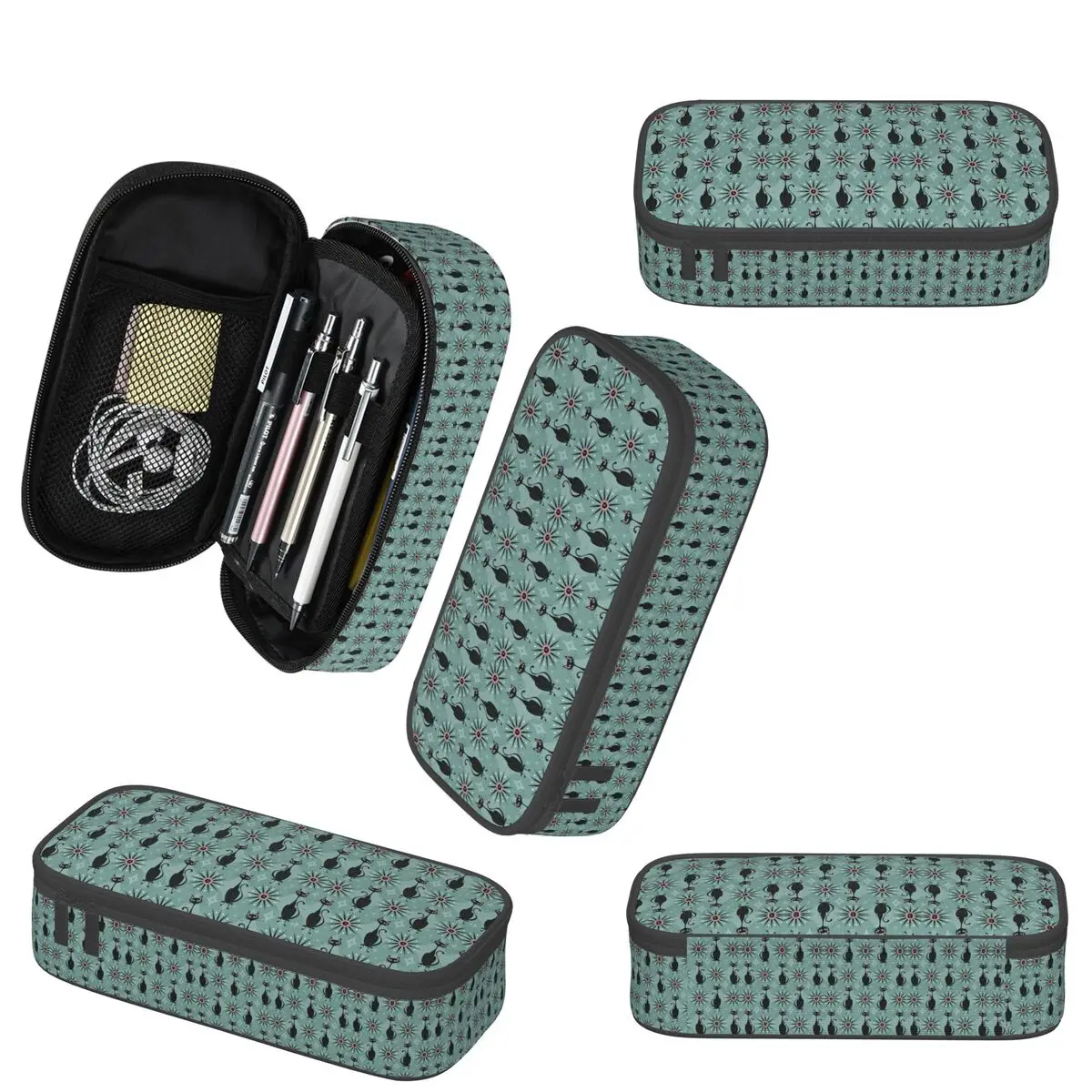 미드 센추리 고양이와 시계 학생을위한 연필 케이스 학교 펜 상자 연필 가방 편지지 용품 펜 홀더 가방