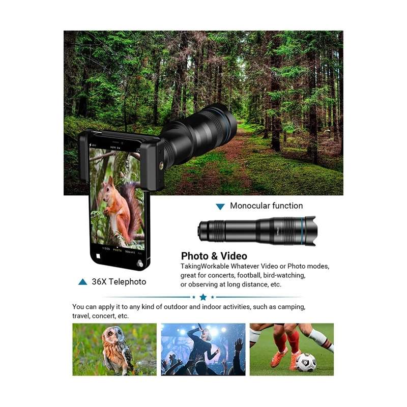 External Telephoto Phone Camera Lens Telephoto Lens 36X Optical Magnification With Tripod And Phone Clip