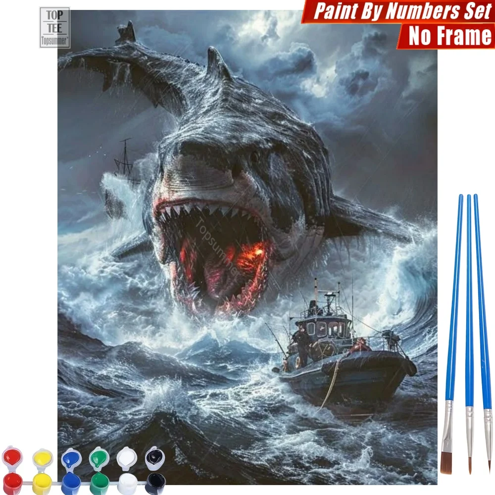 Set de Pintura por Números DIY de Tiburón Gigante Terrorífico - Regalo de Acción de Gracias para Novio con Temática de Personas en Barco