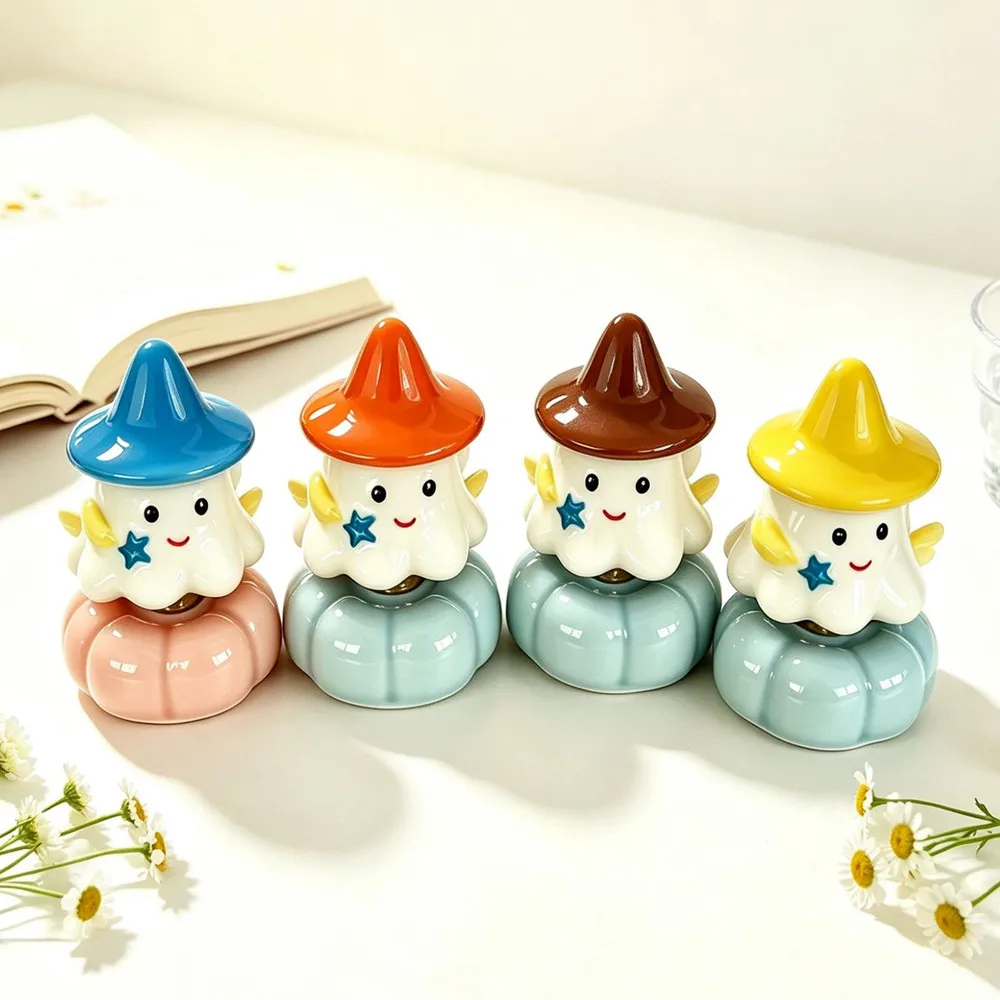 Rotatable Cute Ghost Wizard Ceramic Bobblehead Figurine, Hand Painted Mini Statue, Pumpkin Base Desktop Ornament Decor Gift