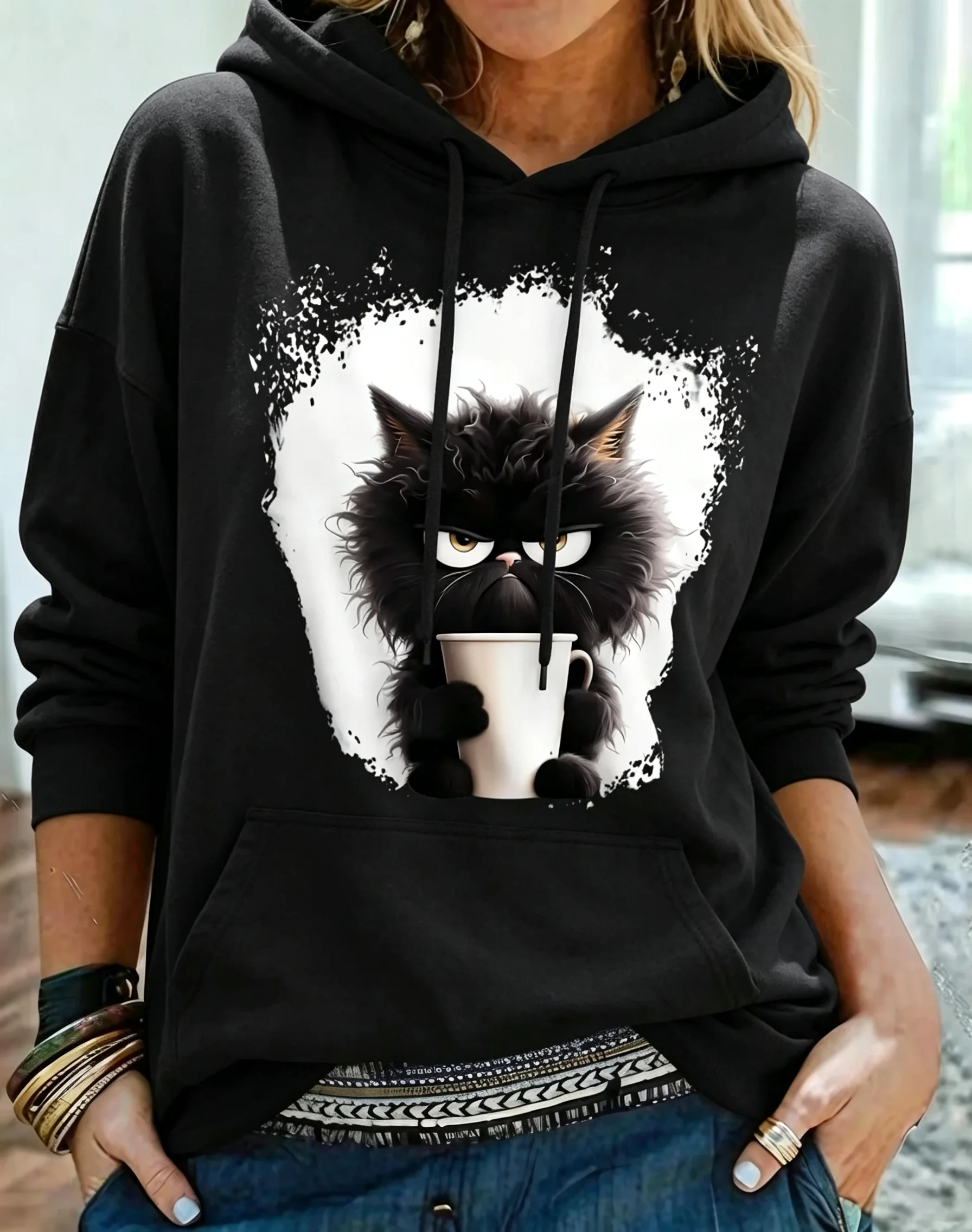 Women's hooded long-sleeved fashionable and fun regular-fit black printed hoodie winter clothes women hoodies sweatshirt hoodie