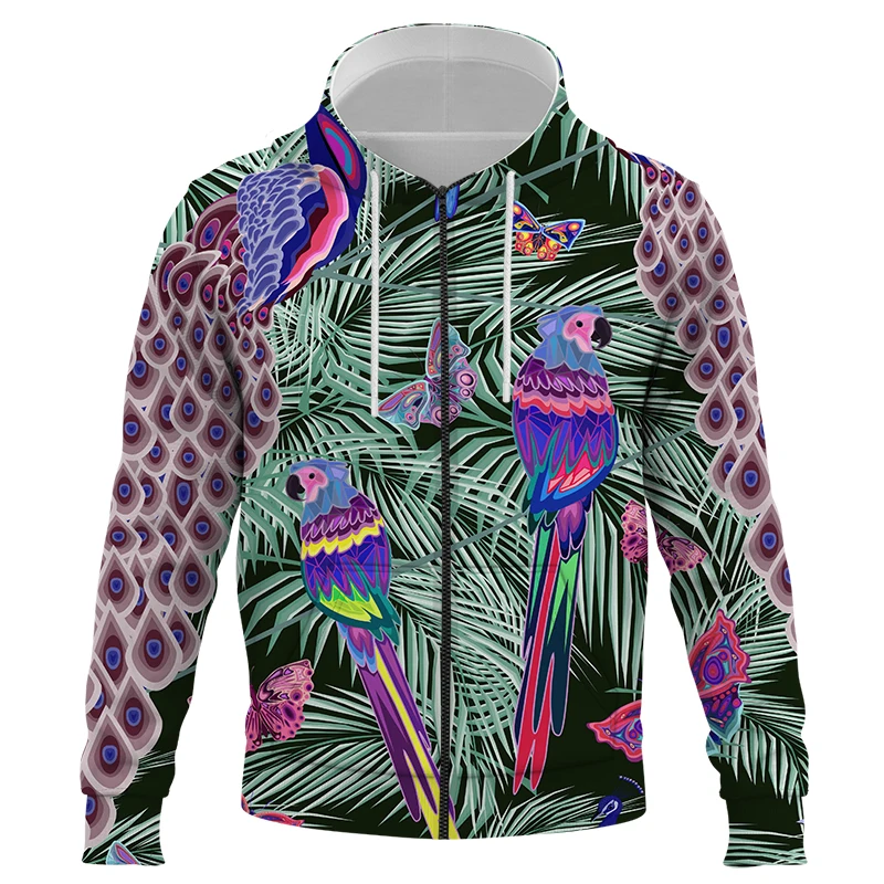 

Весенне-осенняя мужская уличная модная спортивная толстовка большого размера на молнии с абстрактным рисунком в виде попугая