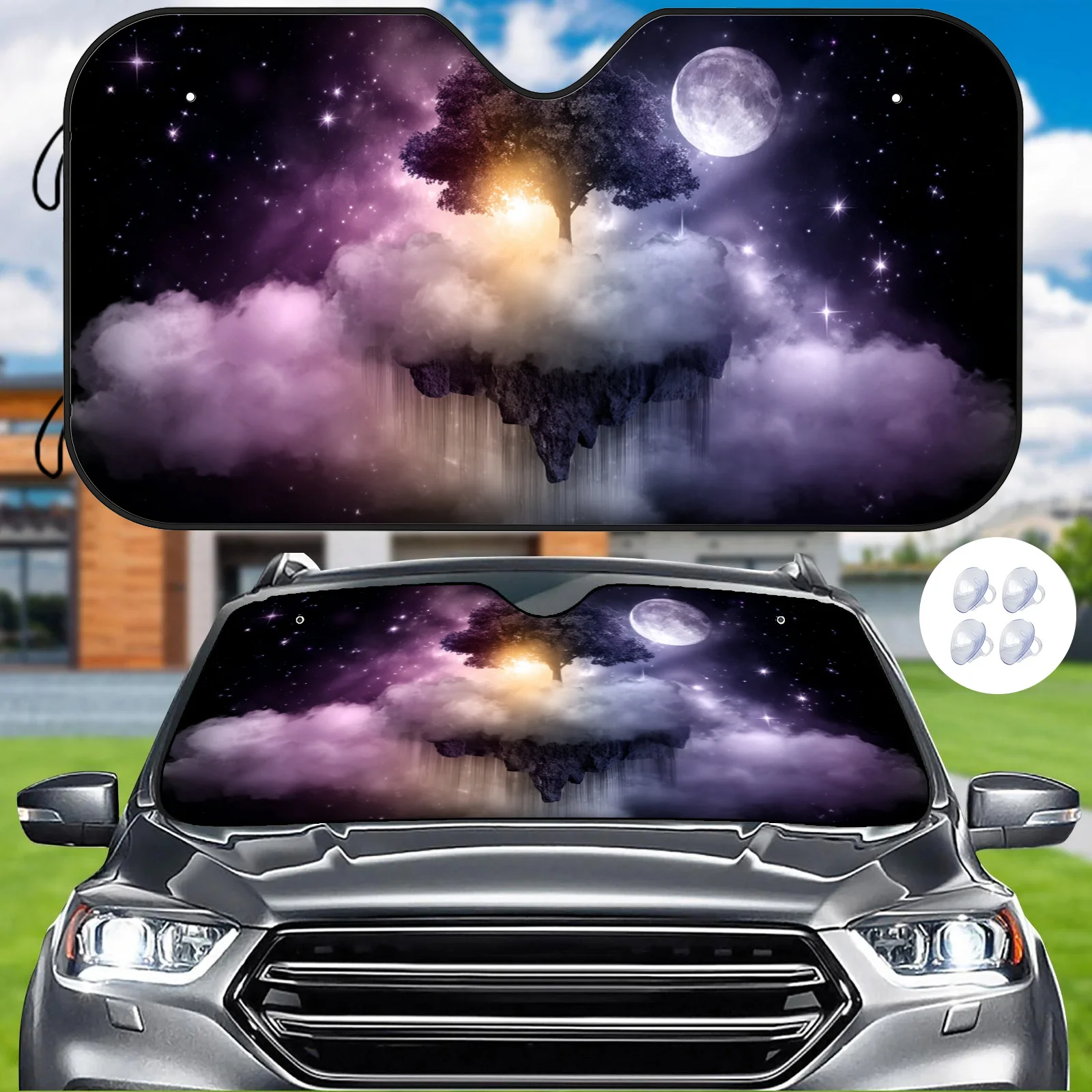 A Dreamlike Floating Island Car Sunshade Featuring Tree Shadow Patterns Under A Starry Night Sky, Easy To Install, Comes With Su