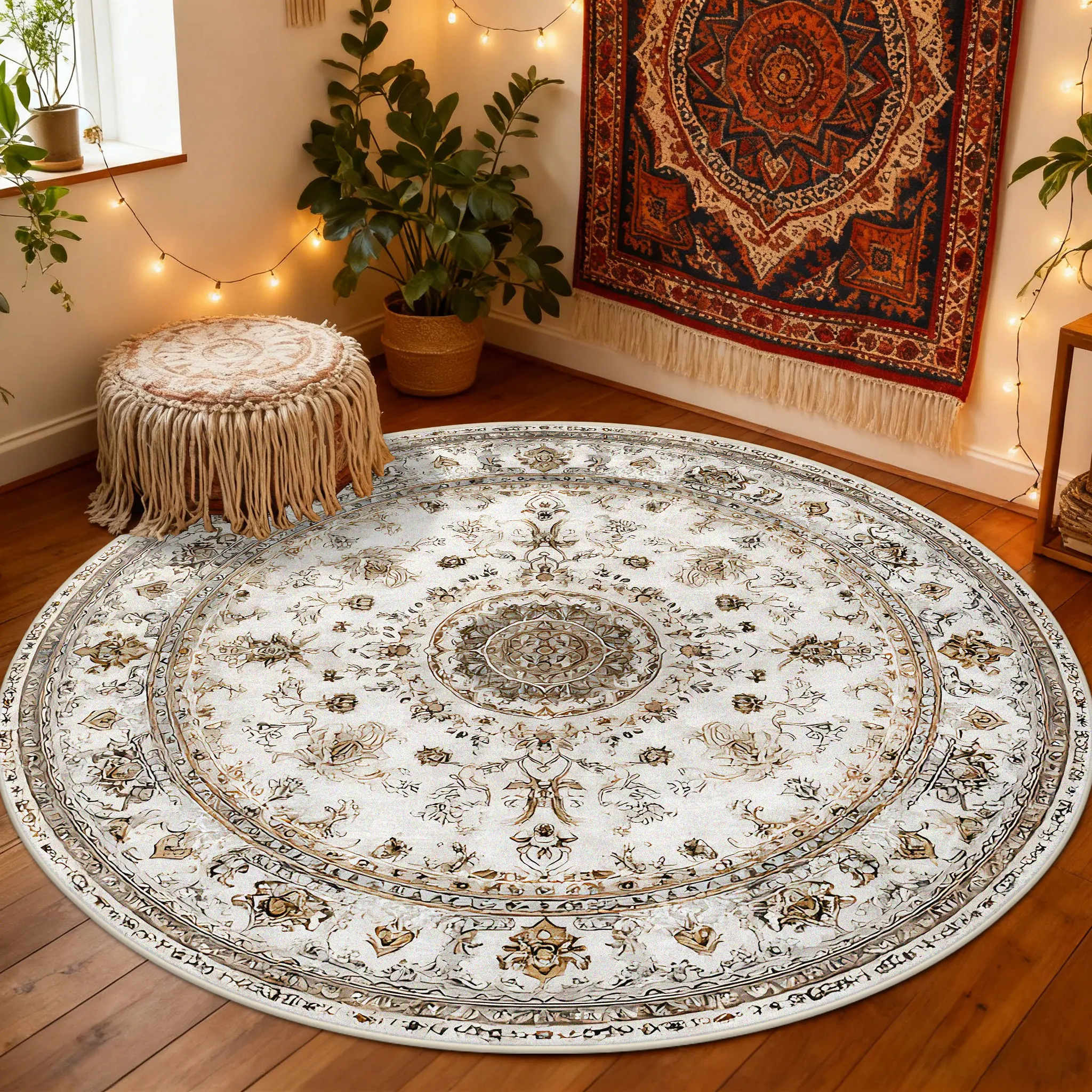 Bohemian Retro Ivory Antiskid Bedroom Round Rug Room Decoration Aesthetic Soft Carpet Easy Clean Lint-free Coffee Tables Mats