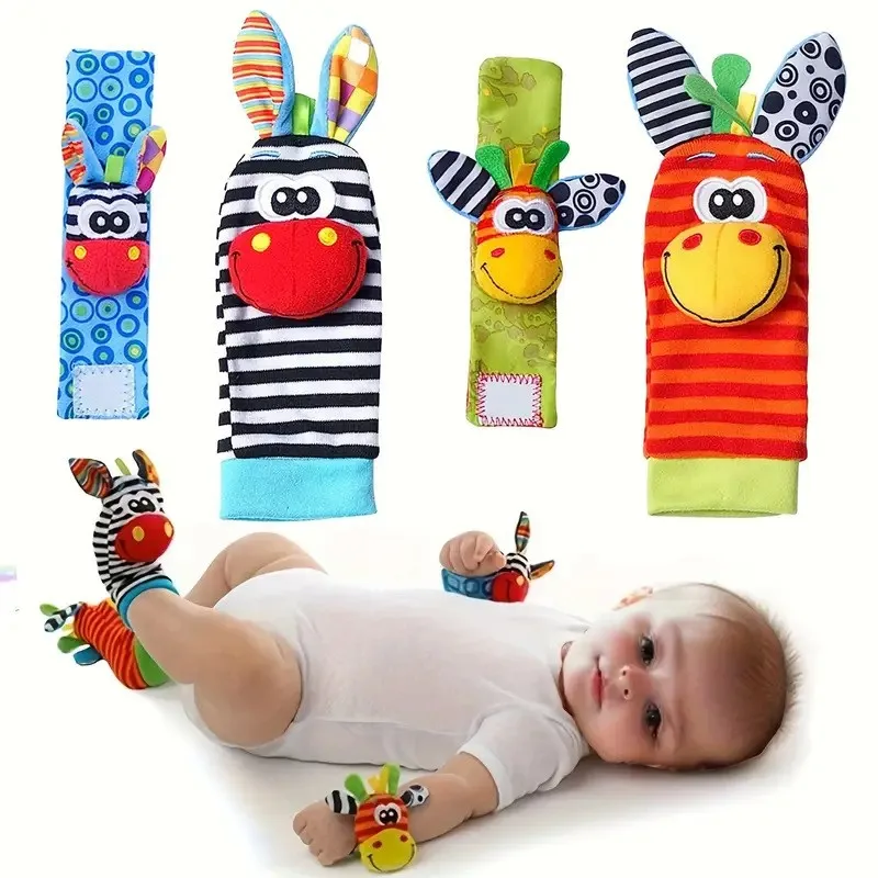 4PCS/SET Baby Rattle Toys Cute Stuffed Animals Wrist Rattle Foot Finder Socks 0~12 Months For Infant Boy Girl Newborn Gift