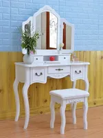Large Dressing Table Set with Tri-fold Mirror Make-up Desk and Cushioned Stool 5 Drawers Easy to assemble White