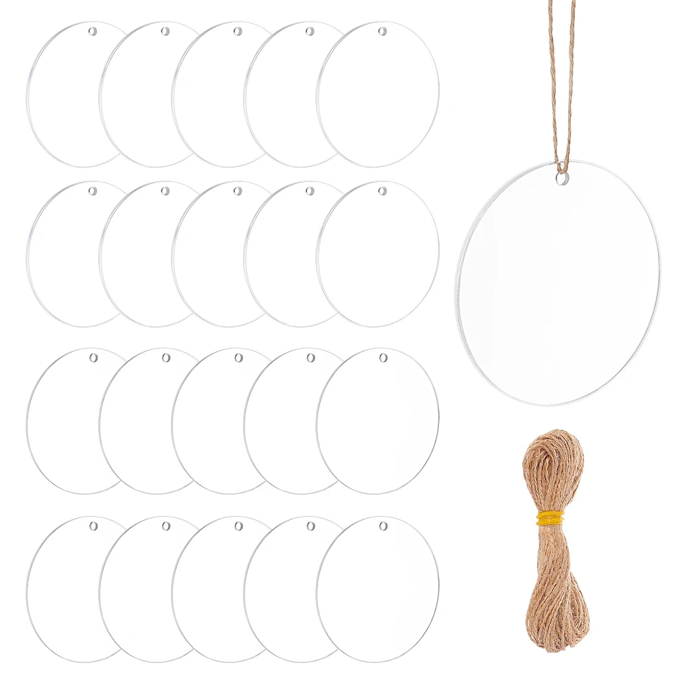 DIY Pendant Decoration Making Kits Including Flat Round Acrylic Pendants and Jute Twine Clear 75x3mm 75x2.2mmHole: 4mm 20pcs/set