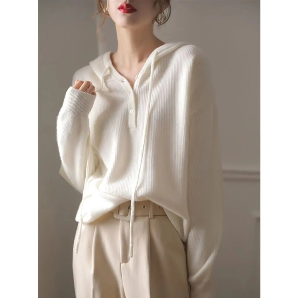 

Women's Cashmere Hooded Knitted Sweater Spring Autumn Loose Casual Wool Base Hoodie Solid Color Slimming Trendy Pullover