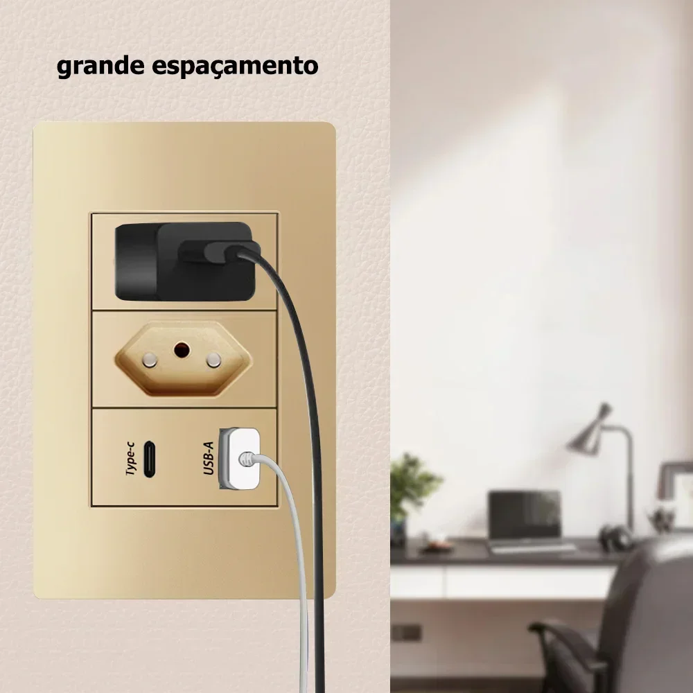 Jiaaor Brazil Standard Socket, Gold Flame Retardant PC Panel, AC 110V~250V 3 Gangs 3 Pins Hole 20A USB Type-C Power Wall Outlet