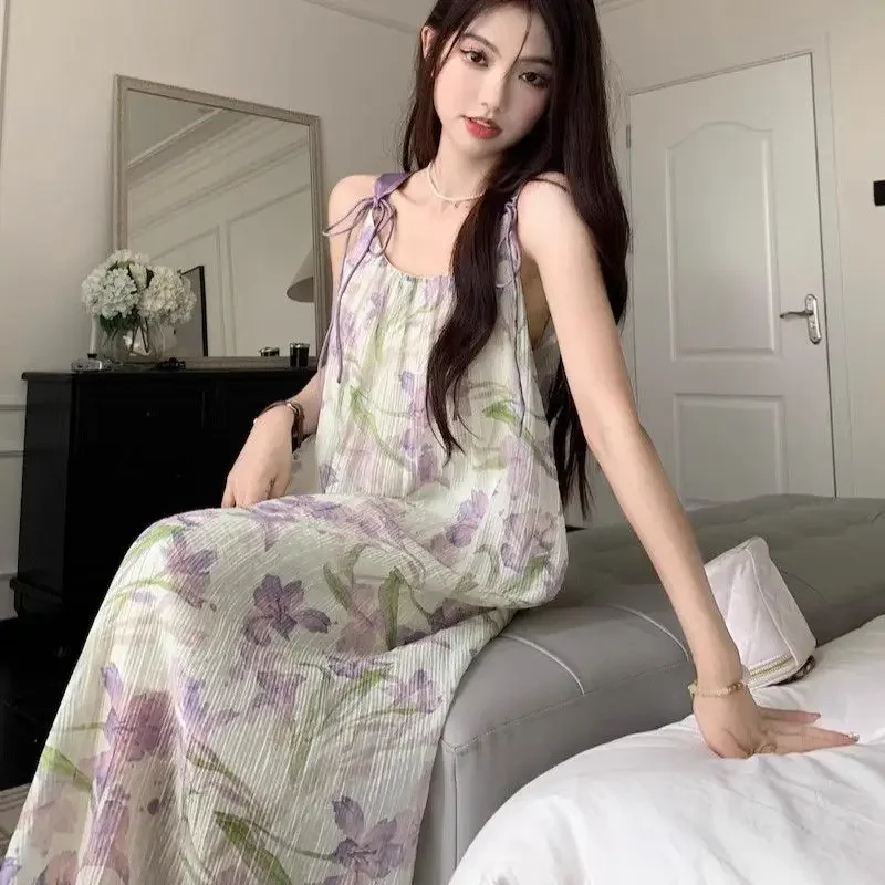 긴 꽃 보라색 꽃 쉬폰 새틴 실크 민소매 여성 드레스 Sundress 드레스 여성용 맥시 슬립 한국 스타일 미적