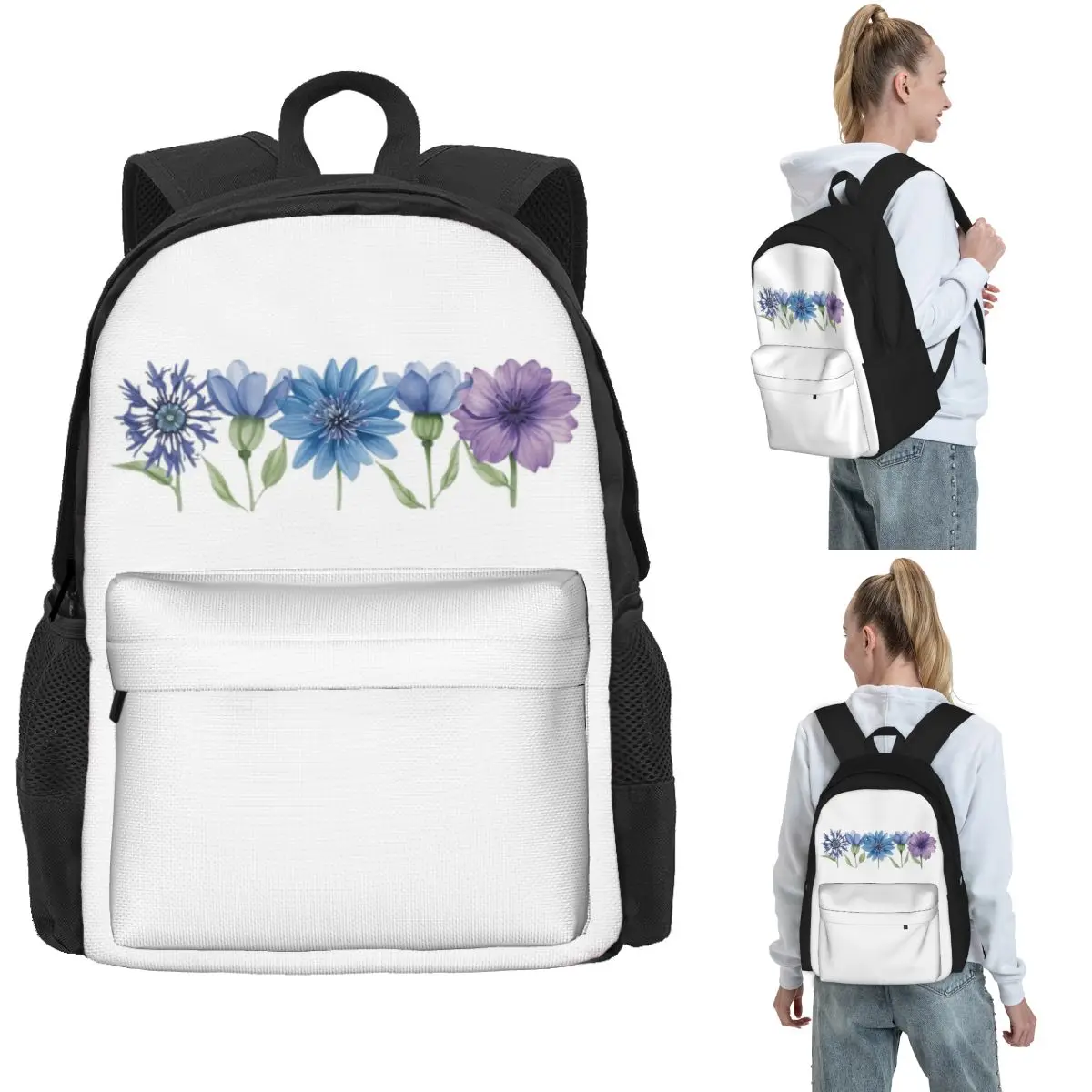 

Blue And Purple Flowers Backpack Hot Sale Daypack Large Capacity Kids BookBag School Bag Shoulder Bags for Men Women