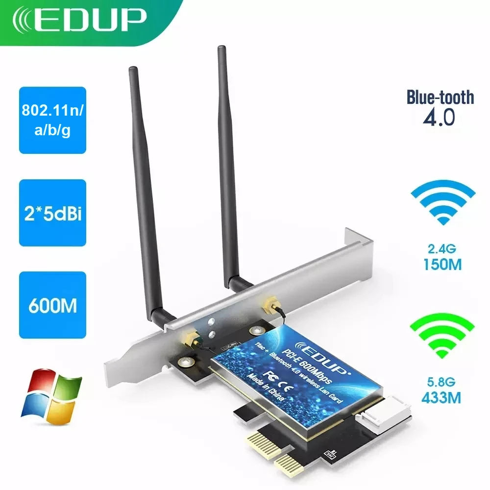 

EDUP 600Mbps WIFI PCI Express Network Card 2.4G/5GHz Wireless Blue-tooth PCI-E LAN Card 802.11 ac/b/g/n Adapter For Computer