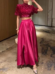 Heavy spring and autumn new temperament velvet sequined bow backless ribbon jacket+high waist split skirt two-piece suit