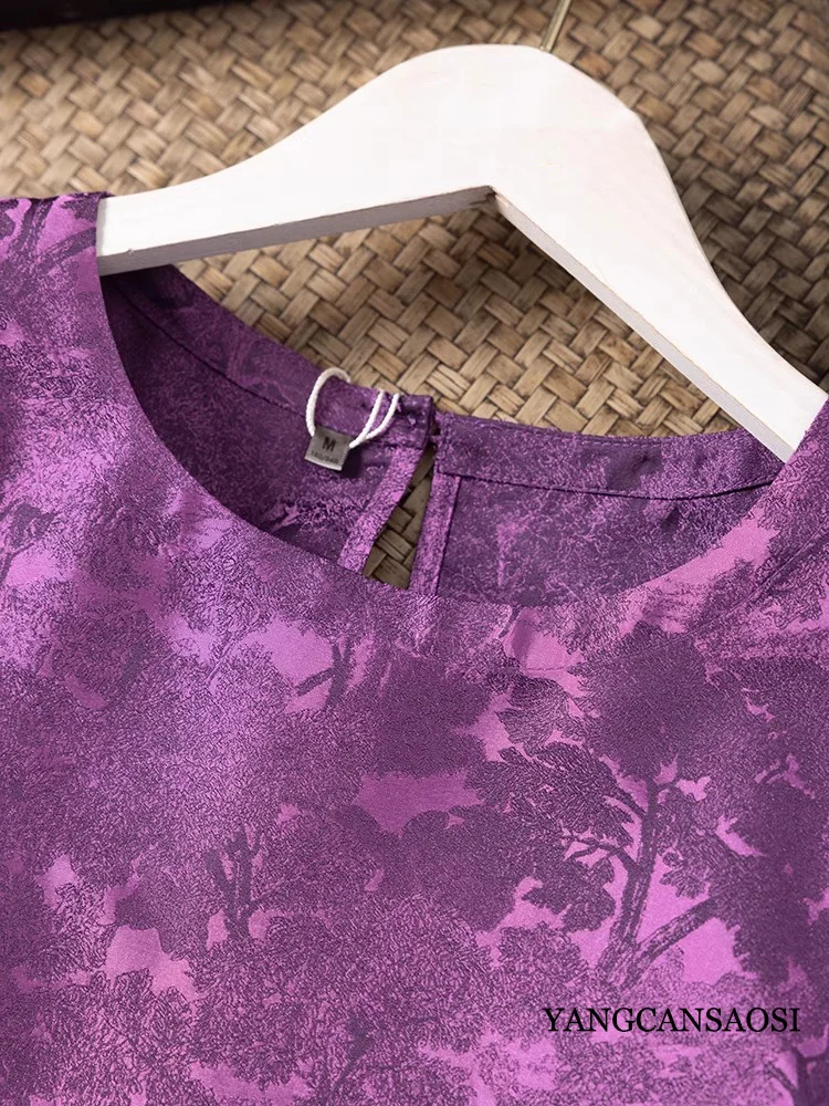 Heavyweight 100% Natural Mulberry Silk Song Brocade New Chinese Purple Exquisite Jacquard Round Neck Short Sleeve T-shirt