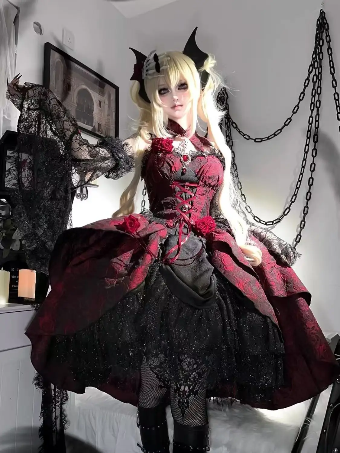 

Victorian Elegant Lolita Dress Set 2025 Gothic Rose Flower Bandage Halloween Party Dress With Black Lace Sleeve Princess Dress