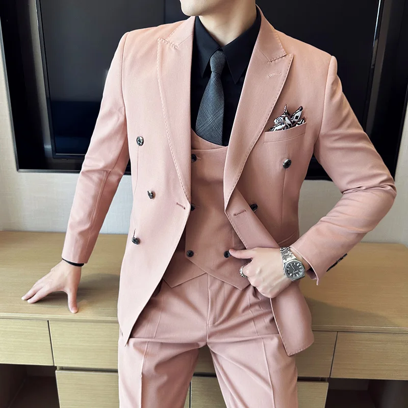 (Jackets+Vest+Pants) Men Double-Breasted Pink Suits/Male Slim Fashion Luxurious Groom's Tuxedo/Man Solid Color Dress Blazers