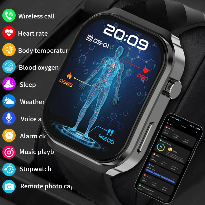 

LIGE Men's Smart Watch 2.1inch HD Screen AI Healthy Diagnose Heart Rate Sleep Monitor Clock Waterproof Women‘s Health Smartwatch