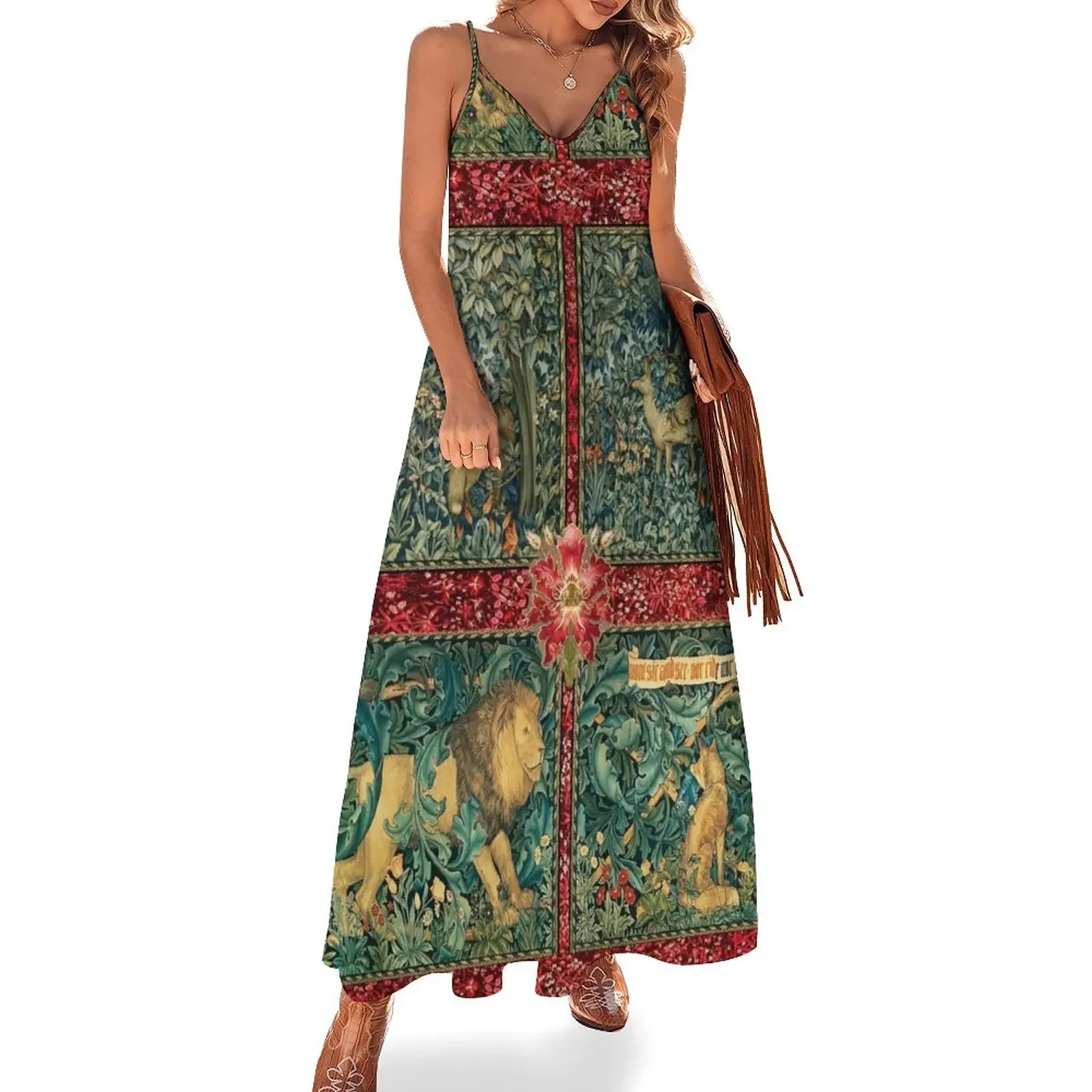 

GREENERY FOREST ANIMALS ,LION ,FOX,PHEASANT AND DOES Red Green Floral Tapestry Sleeveless Dress Women's clothing