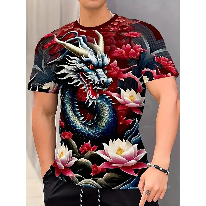 Dragon Lotus Flower Pattern T Shirt for Men Chinese Loong 3D
