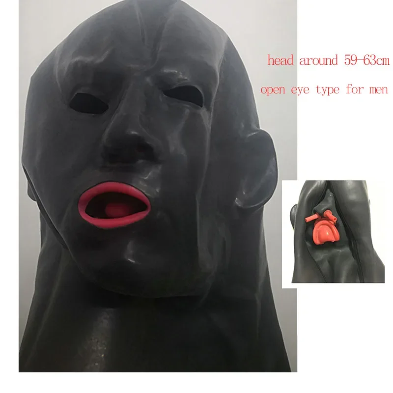 Hot 3D Latex Hood Rubber Mask Open Eyes Fetish Hood with Red Mouth Gag Plug Sheath Tongue Nose Tube Long and Short for Men