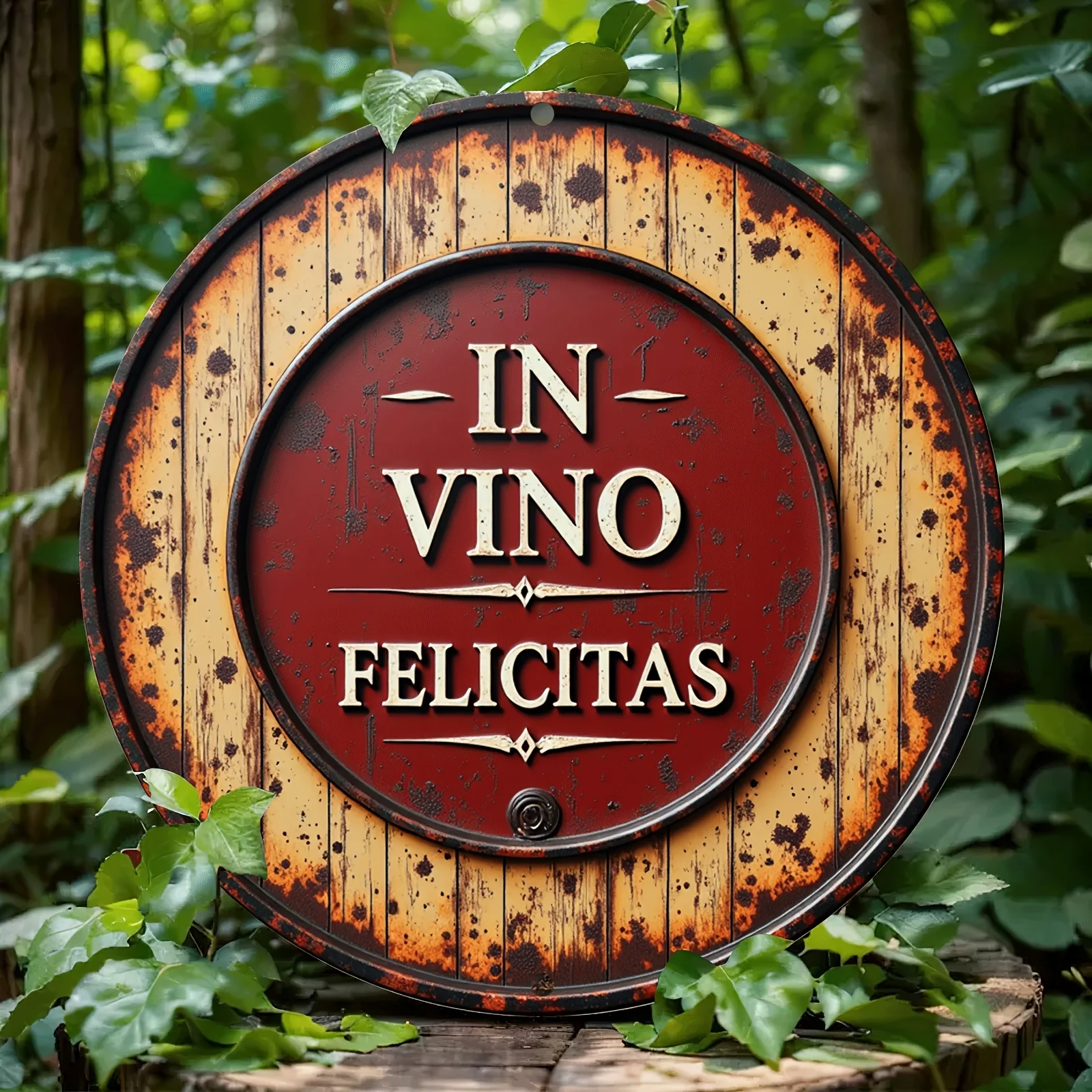 HD Tin Sign, In Vino Felicitas Vintage Wine Barrel Round Metal Wall Art, Rustic Pub Decor for Home Kitchen