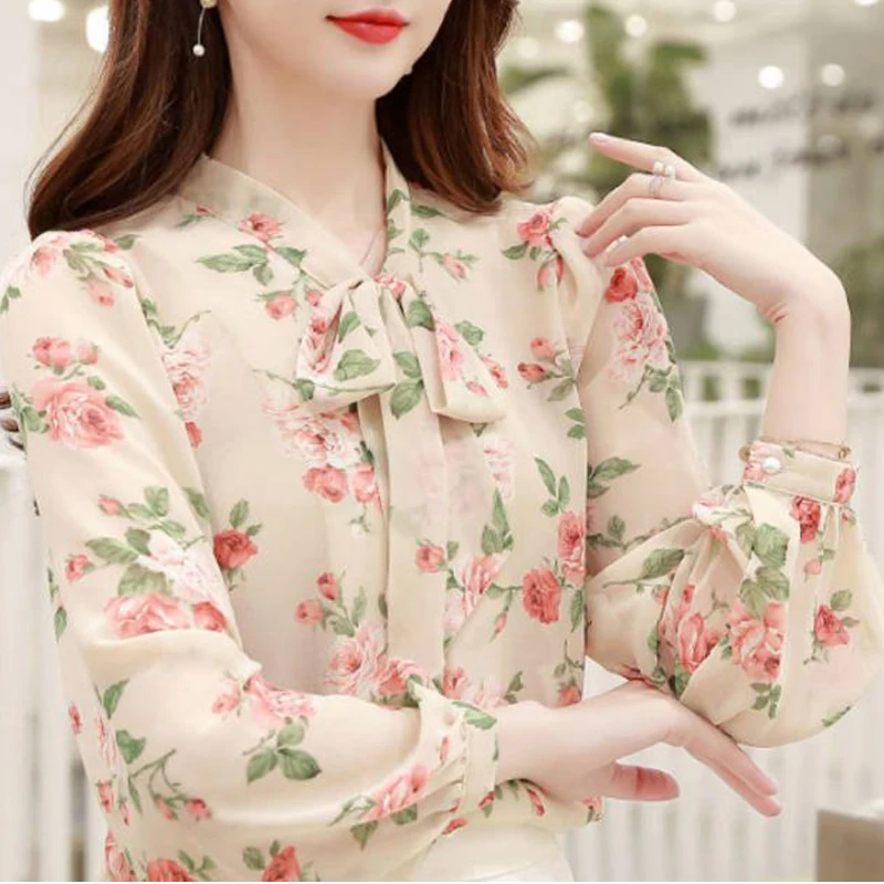 Spring Autumn Women\'s Bow Lace Up Floral Print Button Up Shirt Korean Fashion Sweet Elegant Blouse Chic Long Sleeve Tops Blusas