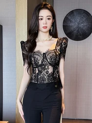 2023 French Fashion Elegant Black Blouse Hook Floral See Through Women Tops Outfits Sheer Lace Sexy T-Shirts Tees Party Clothes