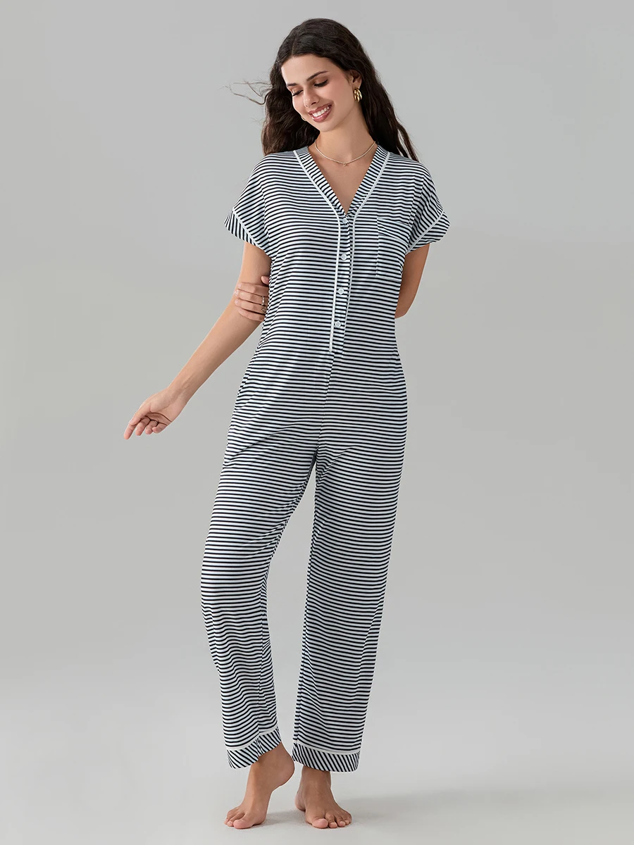 Pyjama boutonné à col en V pour femme, combinaison rayée, manches courtes, poches, coupe décontractée, confortable, doux