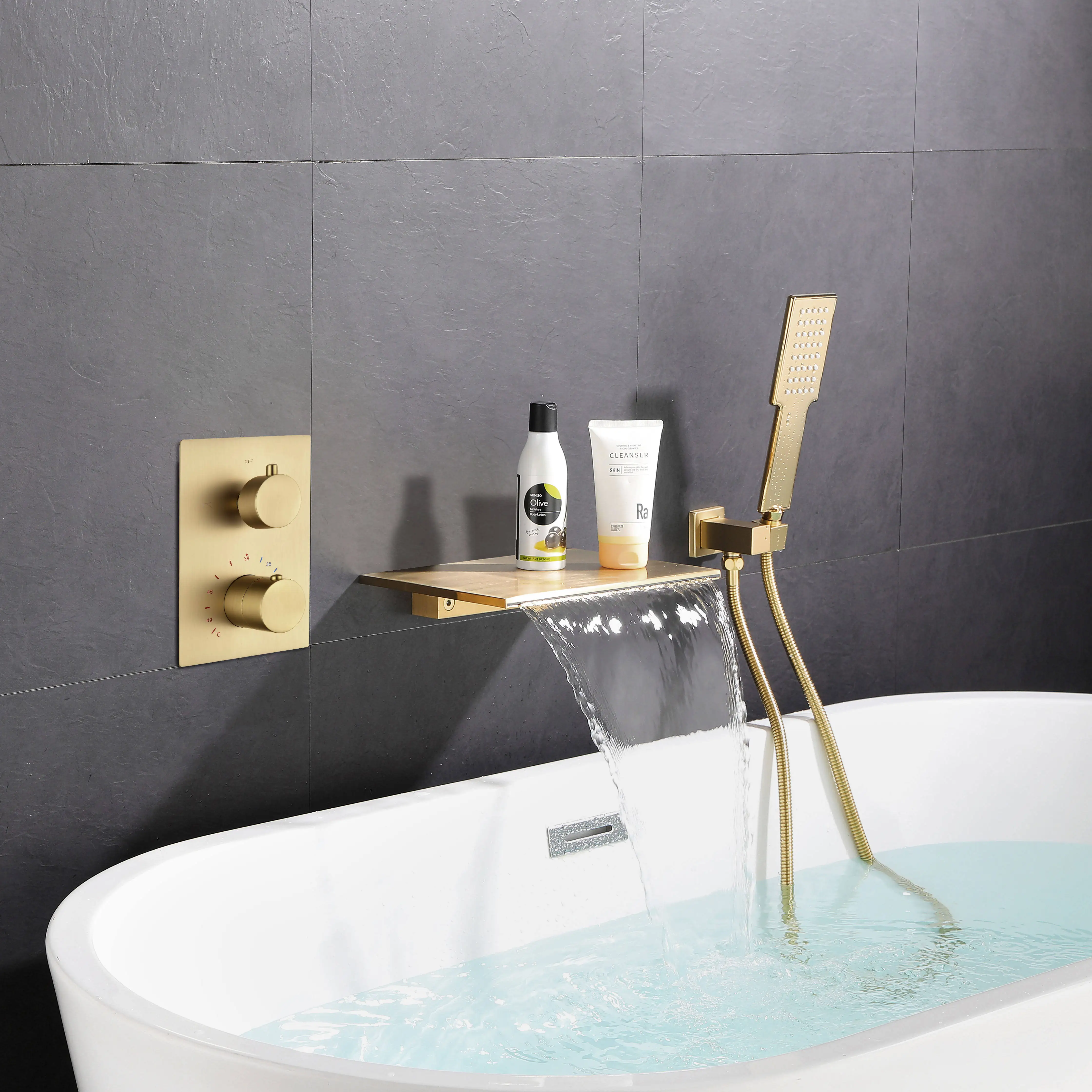 Embedded Wall-mounted Bathtub Tap, Elegant Gold Bathtub Faucet, Waterfall Flow Handheld Showerhead, Temperature Control