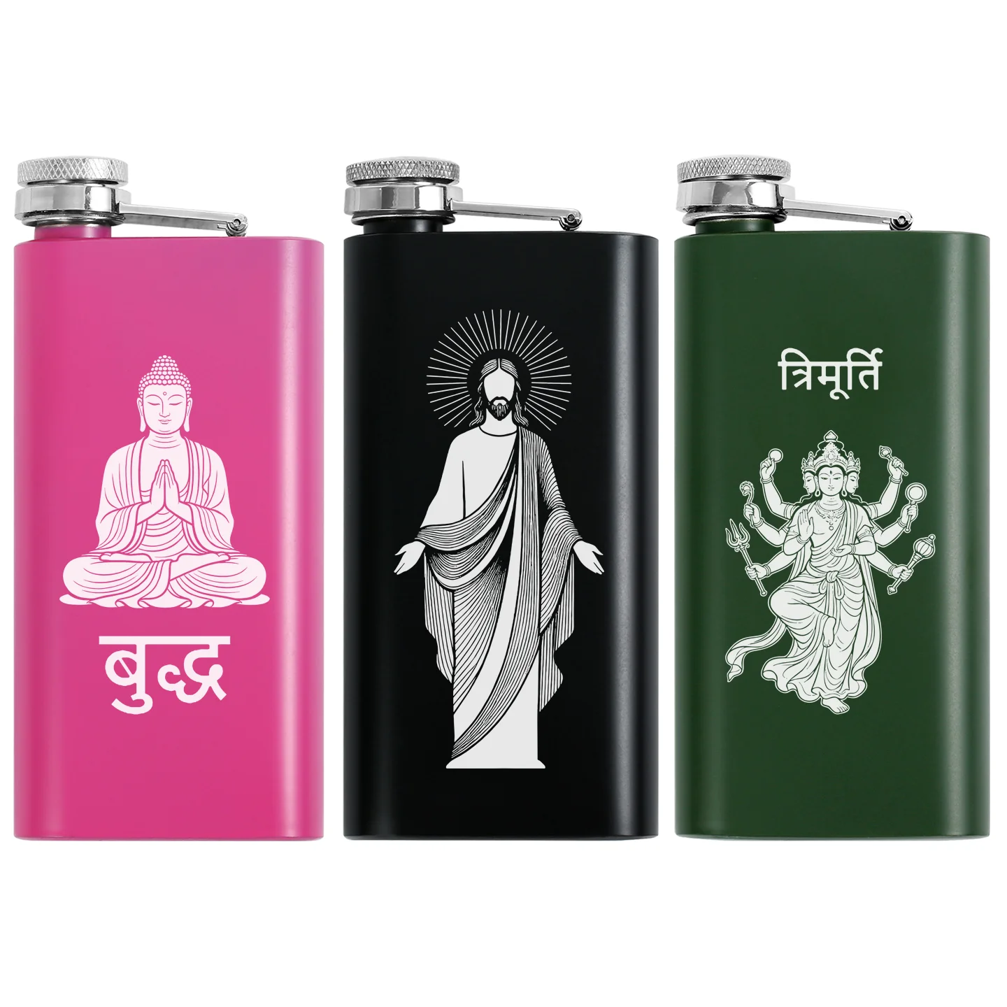 Cantil Retangular Portátil de Aço Inoxidável 304 de 150ml (5 OZ) com Design Jesus Cristo Buda Trimurti para Vodka, Garrafa de Água para Acampamento ao Ar Livre