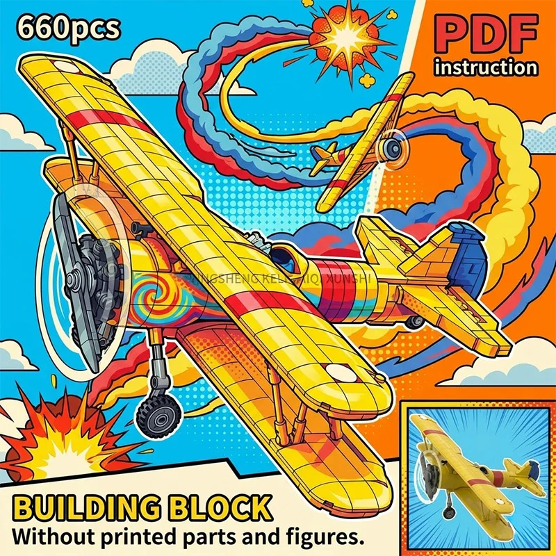 MOC Vintage Yellow Biplane Trainer Aircraft with Red Stripe & Spinning Propeller Block Model