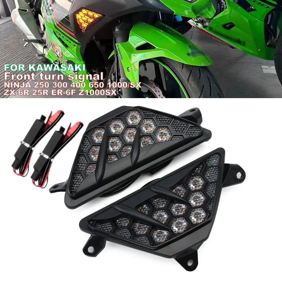 

Front Turn Signal For KAWASAKI NINJA 250 300 400 650 1000/SX ZX-6R 25R ER-6F Z1000SX LED Turn Warning Light Beehive Signal Light