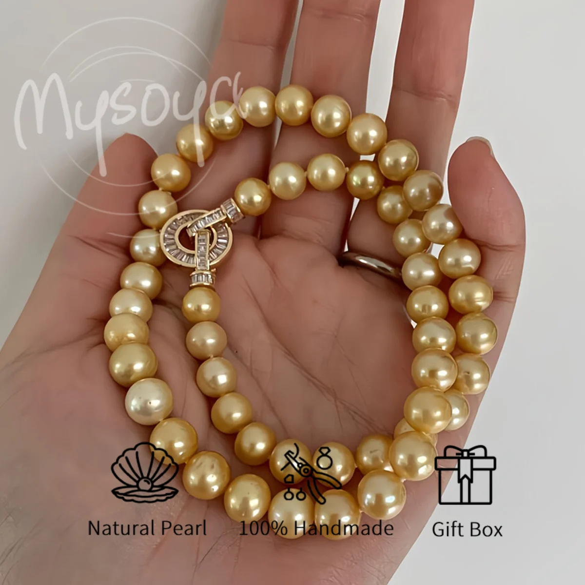 

MYSOYA 7-8 8-9 мм светло-золотистое жемчужное ожерелье Южного моря с круглой застежкой в подарочной коробке в комплекте идеальный подарок на свадьбу, день рождения
