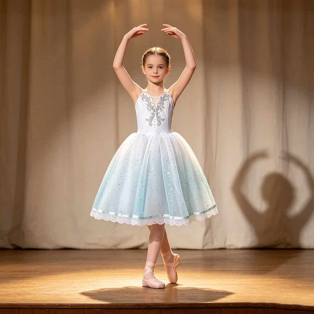 Vestido de Ballet Largo Romántico para Niñas, Tutú de Alta Calidad para Niñas, Vestido de Bailarina Profesional para el Lago de los Cisnes, Falda de Tul con Línea A