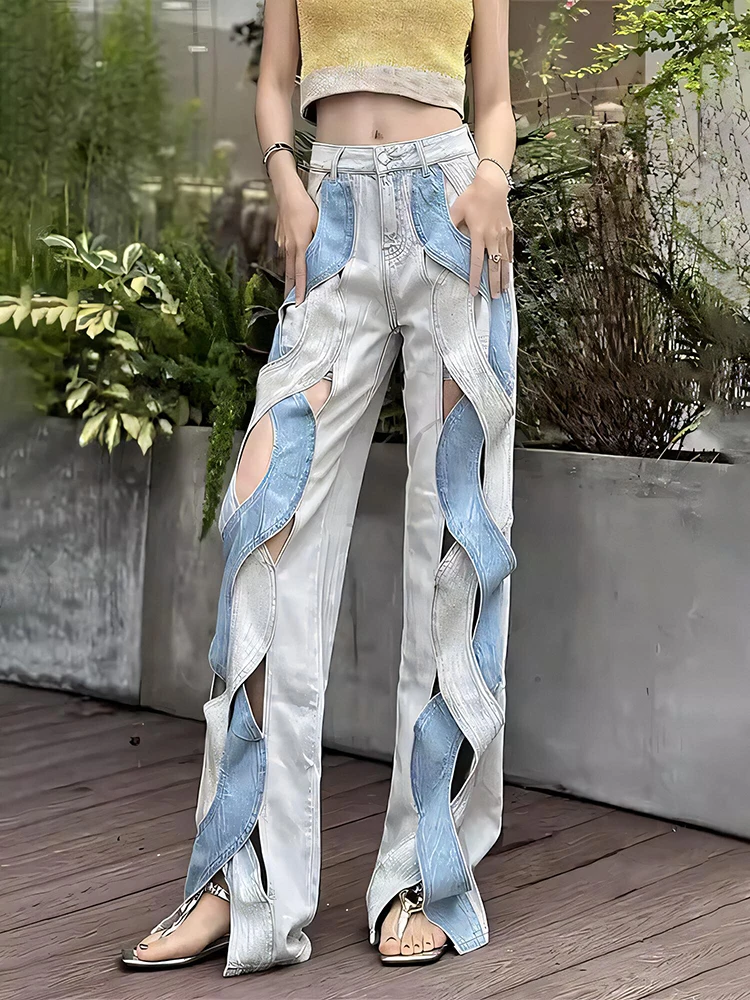 

STUDIO American Street Sle Spliced Cross Hollow Straight Leg Jeans Women Summer Unique Design Long Trousers