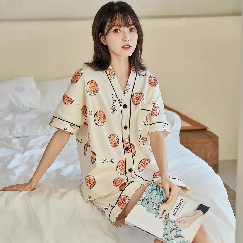 

2023 New Women's Summer Thin Short Sleeve Sleepwear Set Short Pants Home Clothes Outdoor Wearable V-Neck Open Cardigan